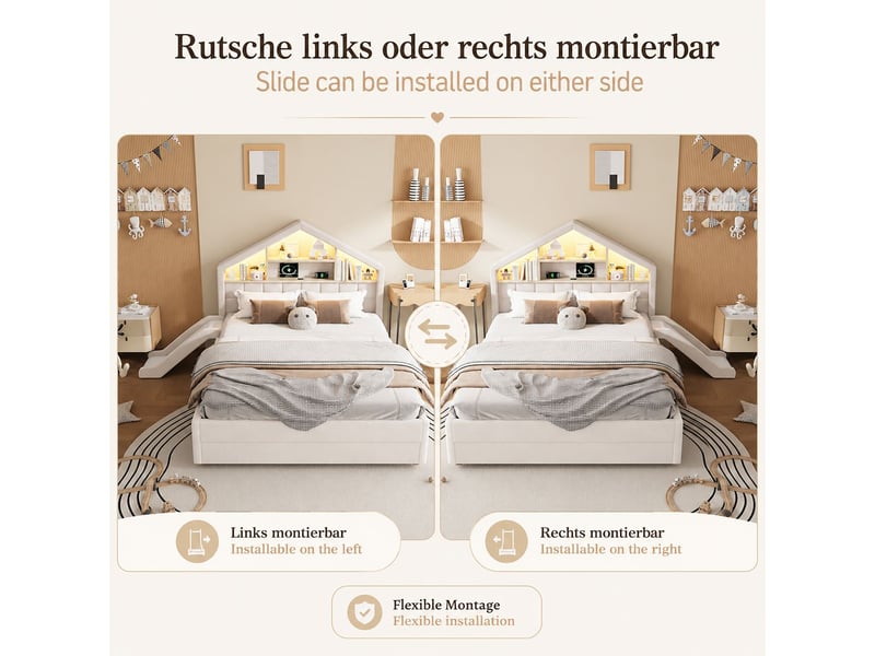  Lit enfant 140 x 200 cm coloris beige structure maison rembourrée toboggan réversible gauche ou droite éclairage led prise de charge tête de lit étagère et grand coffre de lit  - Conforama D
