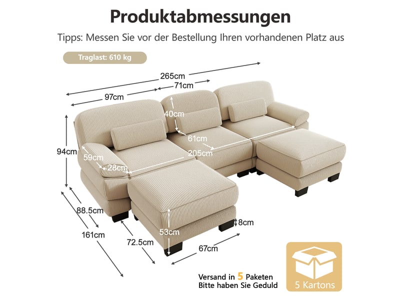  Canapé modulable tcqpz 3 places en u avec 2 poufs 265 x 161 x 94 cm velours côtelé beige  - Conforama C