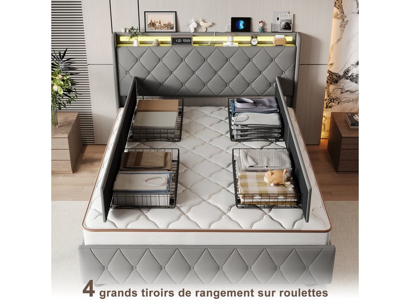  Lit coffre 160x200 cm, tête de lit led, coloris gris  - Conforama D