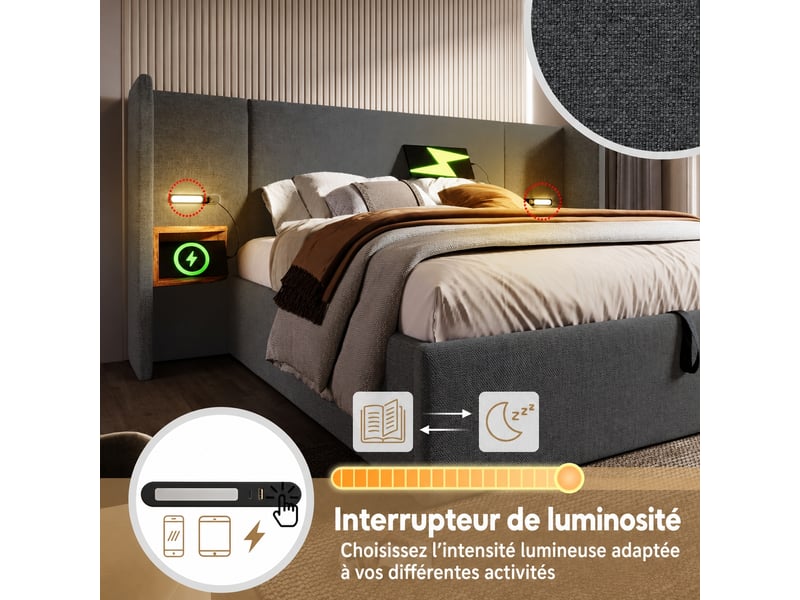  Lit coffre hydraulique 180x200 en lin gris, avec liseuses et ports usbusb-c  - Conforama E