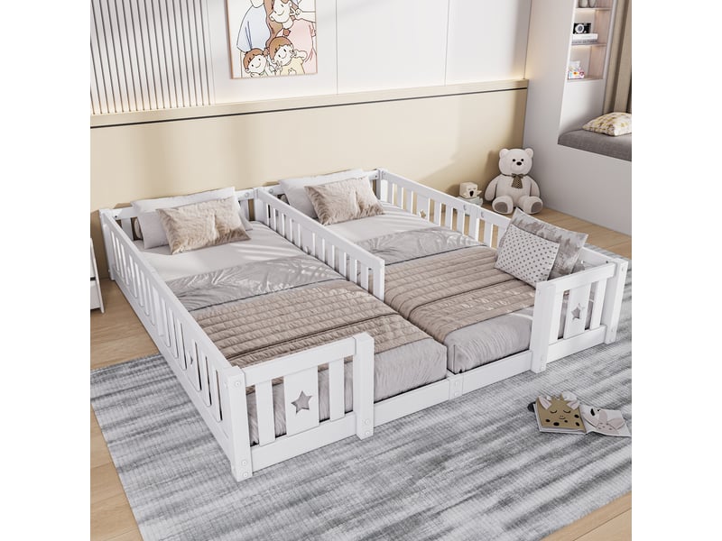  Lit 140x200cm - lit enfant 140x200 - lit double au sol en bois massif avec barrières de protection et motifs étoiles - blanc  - Conforama B