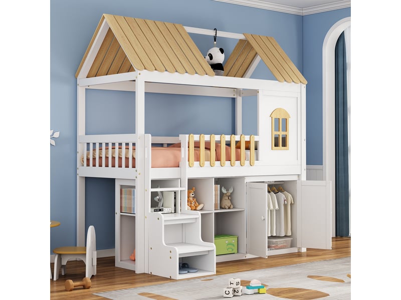  Lit mezzanine cabane enfant 90 x 200 cm avec armoire, étagère ouverte, banc à chaussures, fenêtre, marches sécurisées, pin, blanc et naturel  - Conforama D