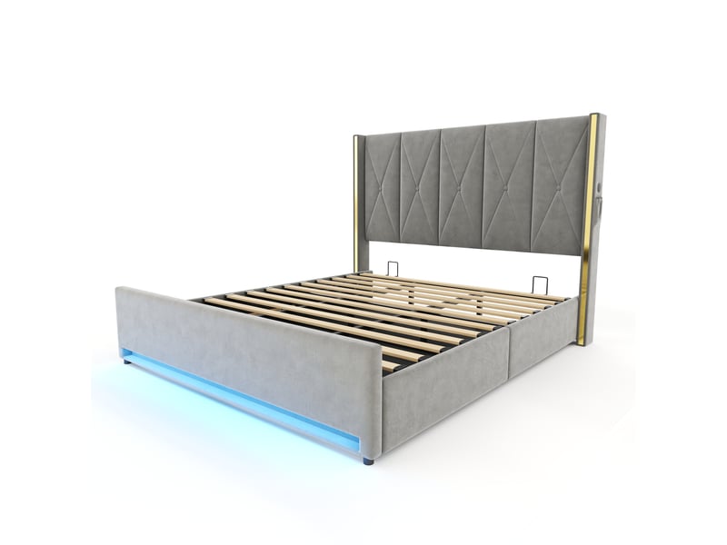  Lit coffre 180x200 cm, lit double, rangement hydraulique, led, port usb, velours gris foncé  - Conforama B