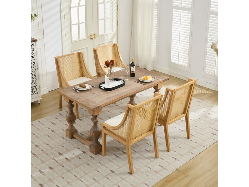  Chaise de salle à manger en bois massif avec accoudoirs décoratifs, assise en tissu effet lin, rotin synthétique, beige  - Conforama C
