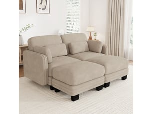 Canapé droit modulable 176 cm 2 places avec 2 poufs, coussins d’accoudoir amovibles, coussins lombaires épais à soutien renforcé, chenille, marron clair