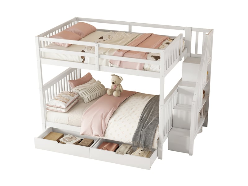  Lit superposé enfant 140 x 200 cm avec escalier, deux tiroirs et garde-corps blanc  - Conforama A