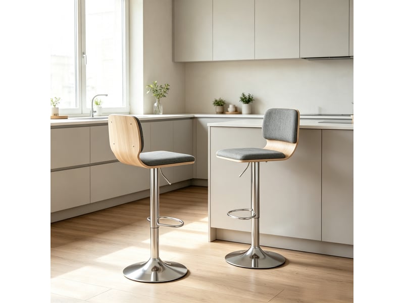  Set de 2 tabourets de bar pivotants réglables avec dossier et repose-pieds, en tissu et métal gris  - Conforama C