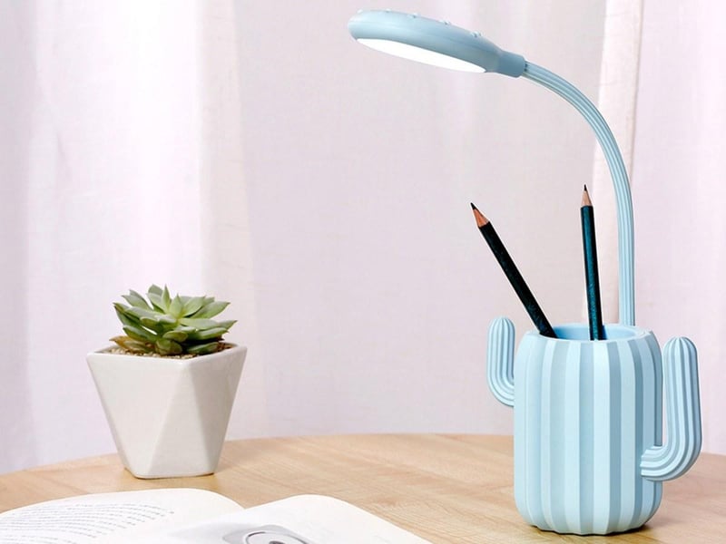  Pot à crayons en forme de cactus - lampe led flexible 360° - éclairage 3 intensités - bleu GTK046 - Conforama C