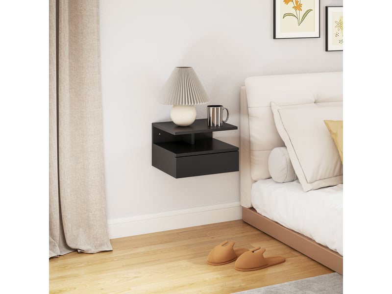  Table de chevet suspendue avec tiroir et étagère en bois, 35 x 32 x 22,5 cm, noire  - Conforama D
