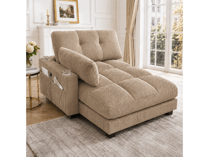  Canapé en velours côtelé kaki avec accoudoirs réversibles, coussins assortis et port usb intégré  - Conforama B