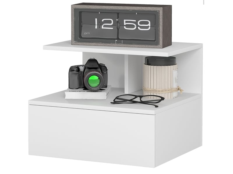 Table de chevet murale avec tiroir et niche ouverte, rangement suspendu style minimaliste pour chambre, bois blanc - Conforama A