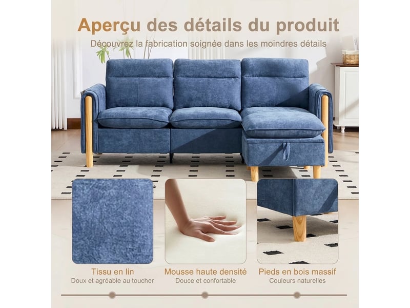 Canapé d'angle 3 places avec méridienne réversible 201 cm - style scandinave pour petit salon - Conforama R