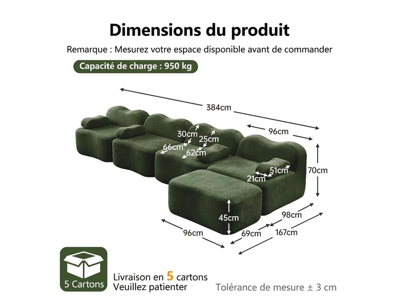  Canapé d'angle modulable 4 places mousse haute densité 32d velours doux forme ondulée verte  - Conforama C