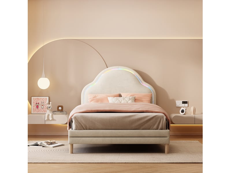  Lit simple 90x200 cm en velours beige avec tête de lit nuage et led multicolores  - Conforama D