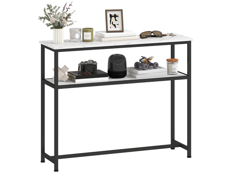  Console étroite avec plateau effet marbre, étagère ouverte et structure en métal 100 x 30 x 81 cm blanc  - Conforama B