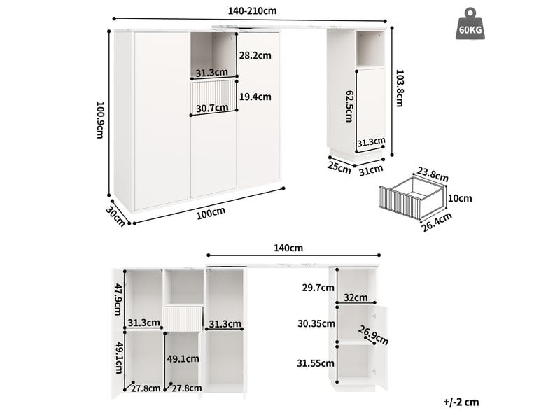  Ilot cuisine, buffet de cuisine avec rangements intégrés, pivotant à 360°, organisation fonctionnelle, dimensions 210 x 30 x 100,9 cm, mdf, blanc  - Conforama C