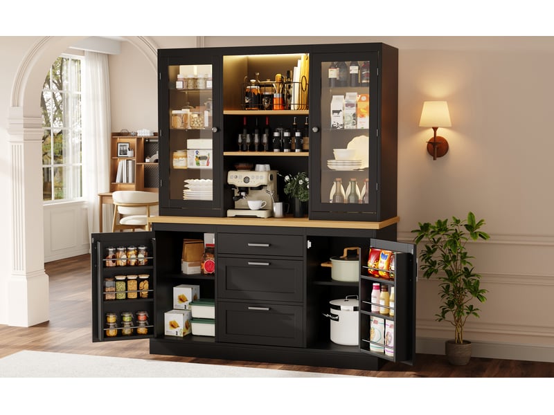  Rayofi buffet de cuisine 140 x 40 x 185 cm - 3 tiroirs, étagères réglables, plan de travail, led rgb contrôlables par application, noir  - Conforama R