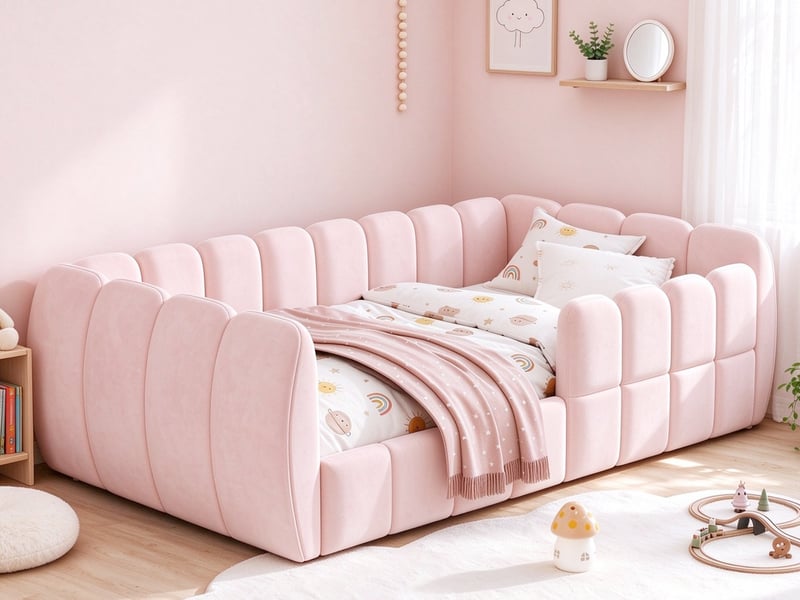  Lit au sol rembourré pour enfant, 90 x 200 cm, revêtement en velours, design entièrement fermé, coins arrondis, rose  - Conforama B