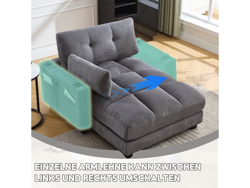  Fauteuil de salon, fauteuil confortable — poches latérales, porte-gobelets, avec accoudoirs, gris  - Conforama W