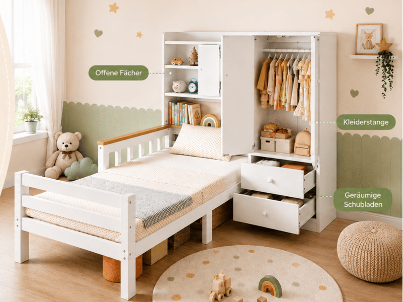  Lit enfant,90x200 cm,avec armoire,tiroirs,étagères,bois et massif mdf,blanc  - Conforama B
