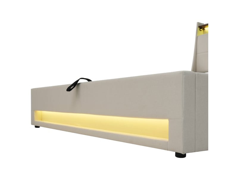  Lit coffre enfant 90x200 cm, lit simple vintage avec led et port usb, tête en tissu lin, beige, sans matelas  - Conforama E