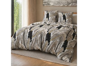 Parure housse de couette 240x220cm + 2 taies motif plumes noir et blanc 100% microfibre - piuma