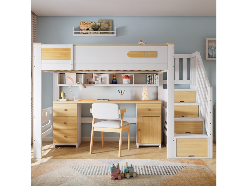  Lit mezzanine enfant 90 × 200 cm 1 place avec bureau, tiroirs et escalier de rangement, sans matelas, blanc et bois naturel  - Conforama C