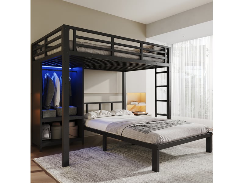 Lit superposé 120x200 cm en métal et bois avec armoire et led noir chicfurn - Conforama B