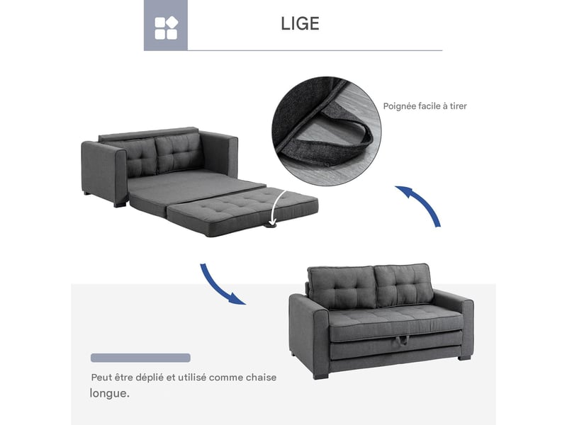  Canapé-lit convertible 2 places en tissu aspect lin gris 147,5 x 75 x 85 cm  - Conforama E