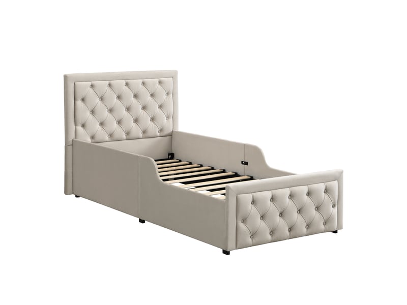  Lit coffre 90 × 200 cm, sommier à levage hydraulique, tête et pied capitonnés, côtés rembourrés, velours, beige  - Conforama A