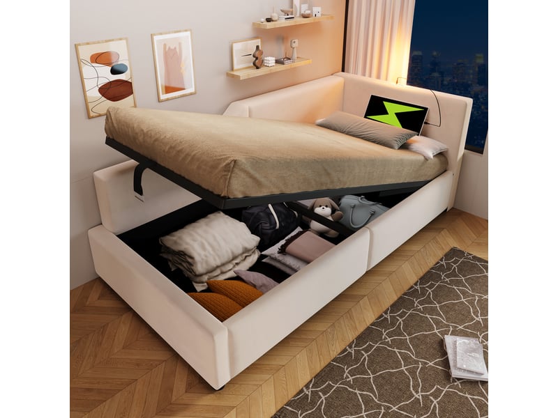  Lit enfant 90x190 cm - lit coffre avec rangement hydraulique - lampe de lecture et usb-c - velours - beige  - Conforama B