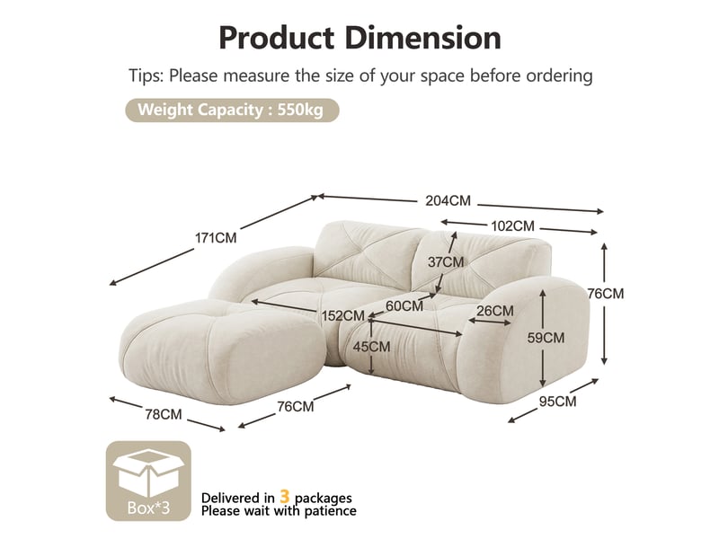 Canapé modulaire 2 places avec pouf, assise en mousse haute densité et tissu chenille beige clair - Conforama E