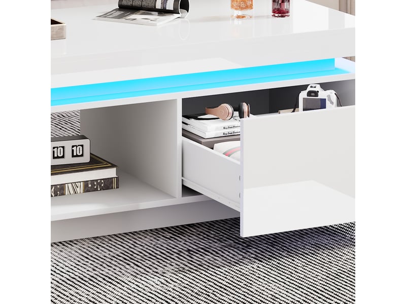  Table basse blanche brillante avec éclairage led et tiroir, 100x50x40,3 cm, en panneau de particules, blanc  - Conforama E