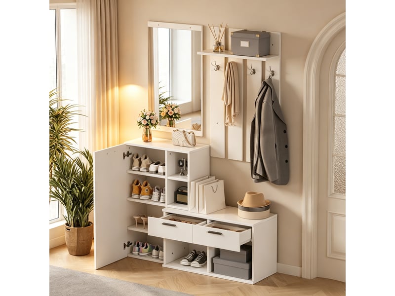  Meuble d’entrée blanc en mdf avec miroir et rangement chaussures, 2 tiroirs, 4 patères, 10 compartiments, 120 x 35 x 175,5 cm  - Conforama D