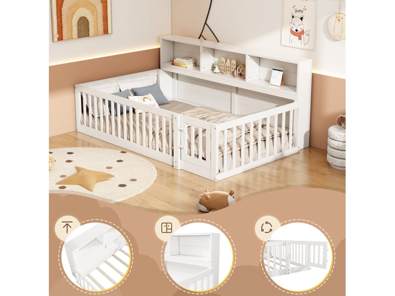 Lit banquette enfant 90 x 200 cm avec sommier, rangements et barrières, blanc - Conforama D