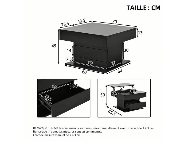  Table basse carrée noire relevable 70 x 70 cm, plateau rotatif 360°, rangement caché, noir  - Conforama D
