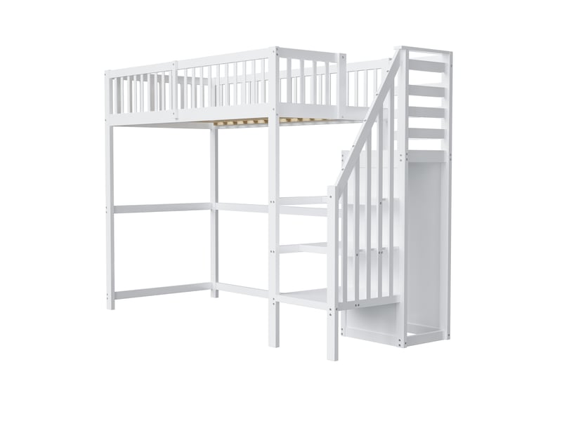  Lit mezzanine avec escalier, bois blanc, 90x200 cm, étagères et penderie intégrées  - Conforama E