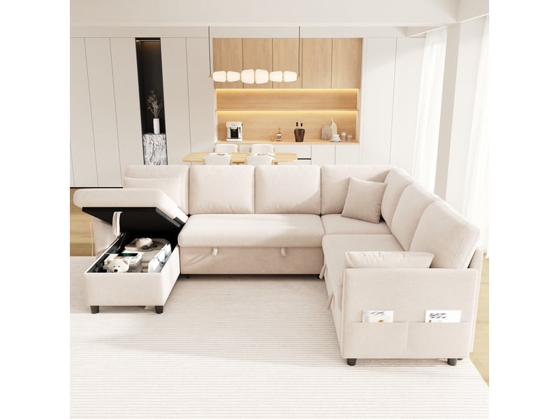  Canapé d'angle convertible 6 places 255x196 cm avec méridienne réversible, coffre de rangement, fonction lit, usb type-c et poches latérales - beige  - Conforama B