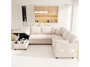 Canapé d'angle convertible 6 places 255x196 cm avec méridienne réversible, coffre de rangement, fonction lit, usb type-c et poches latérales - beige