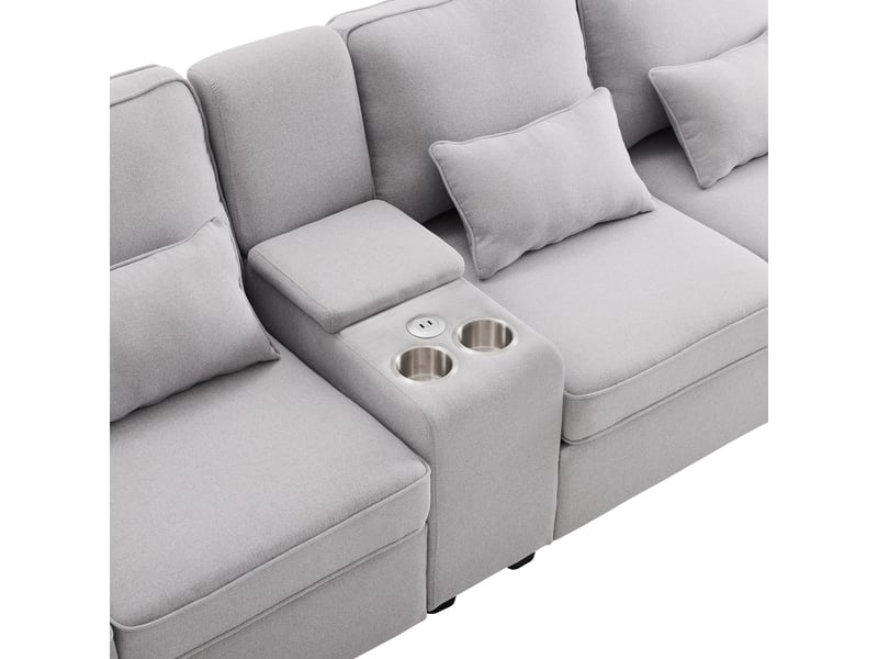 Canapé 4 places moderne en tissu de lin avec console,2 porte-boissons,2 prises usb,canapé fixe avec 4 coussins pour salon,bureau,gris clair 290x83x88cm - Conforama R