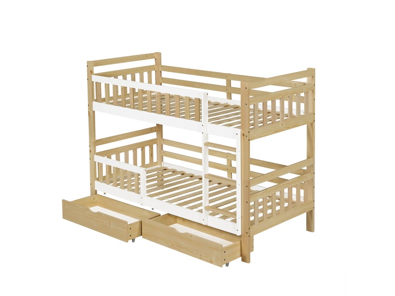  Lit superposé enfant 90x200 cm blanc bois, séparable en deux lits, 2 tiroirs et échelle intégrée  - Conforama D
