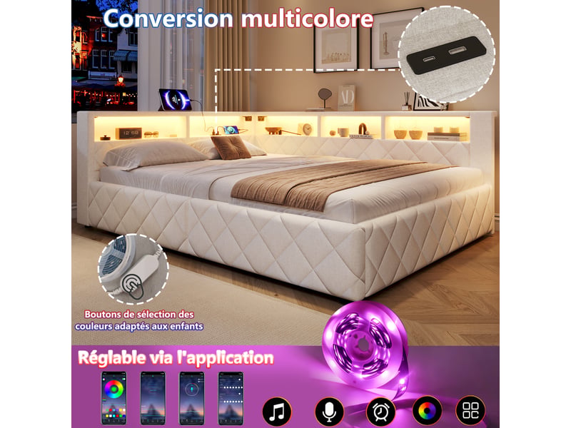  Canapé-lit coffre 140 x 200 cm - avec bande lumineuse led - avec port usb - beige (matelas non inclus)  - Conforama W