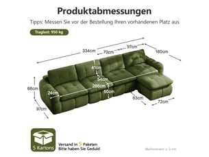 Canapé modulable sans cadre en l 4 places vert, chenille, capitonnage quadrillé, assise profonde, avec 1 pouf, sans montage