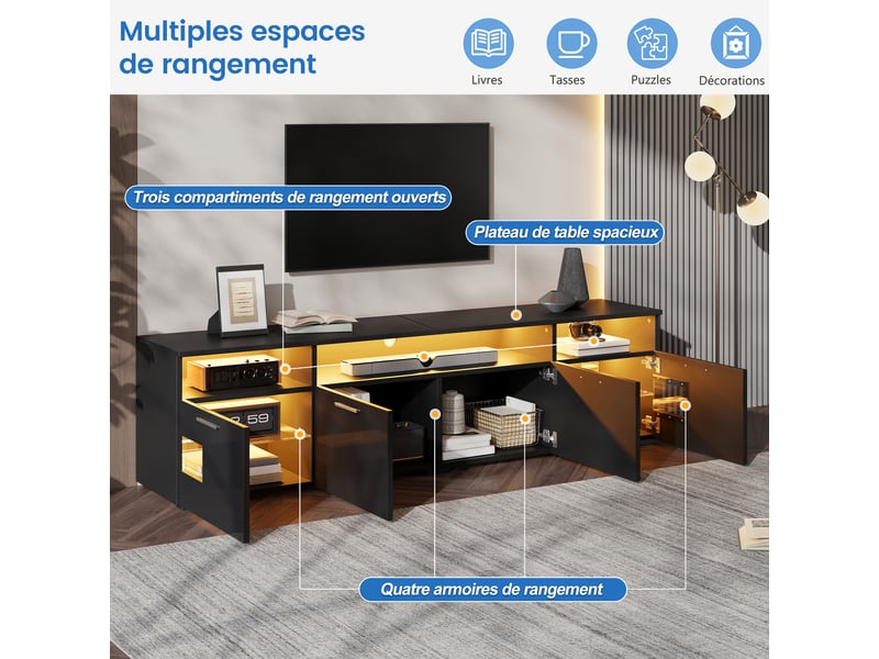  Meuble tv mural 180x35x45 cm - éclairage led contrôlable par application - mdf et panneaux de particules - noir CozyNest - Conforama E