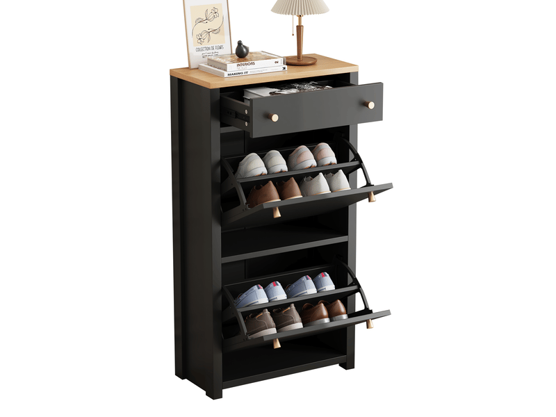  Meuble à chaussures 50x25x95 cm gain de place avec 2 abattants, tiroir, mdf noir et aspect bois  - Conforama A