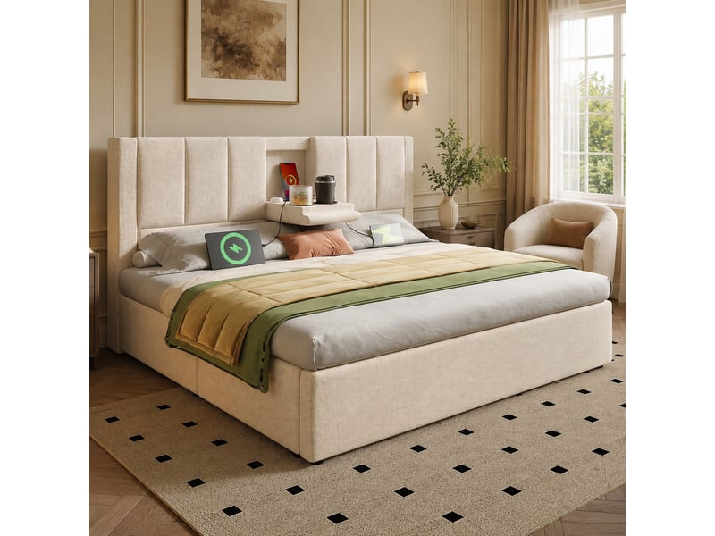 Lit double hydraulique 140 x 200 cm beige avec rangement, station de charge et porte-gobelets - Conforama B
