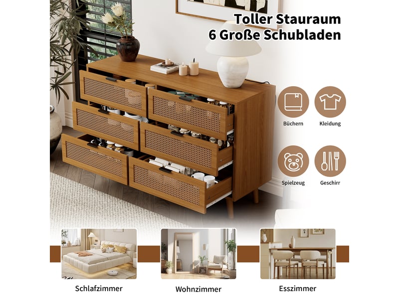 Commode noyer, 120 × 40 × 76,5 cm, panneau de particules, avec 6 tiroirs, façades effet rotin, pieds en métal, rangement quotidien - Conforama C