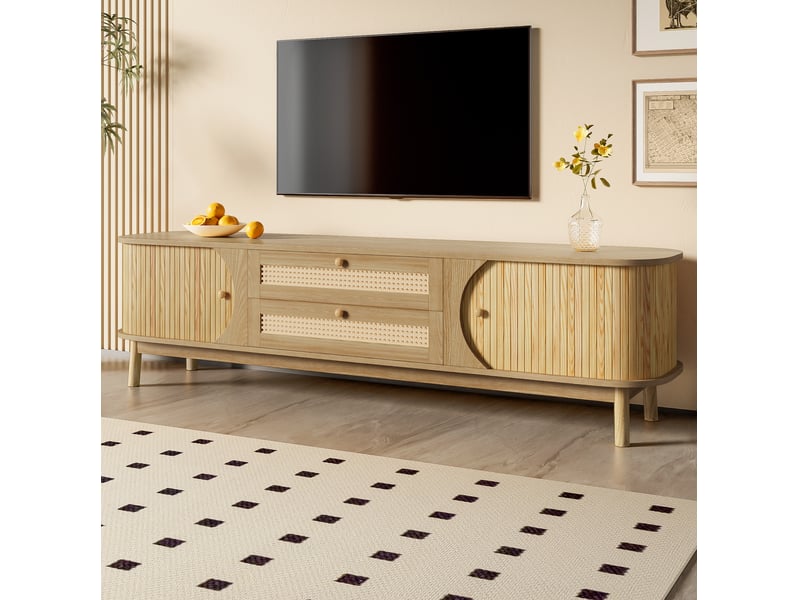  Meuble tv bas 170 x 46 x 39,5 cm portes et tiroirs rotin tressé lamelles bois structure mdf finition bois naturel  - Conforama D
