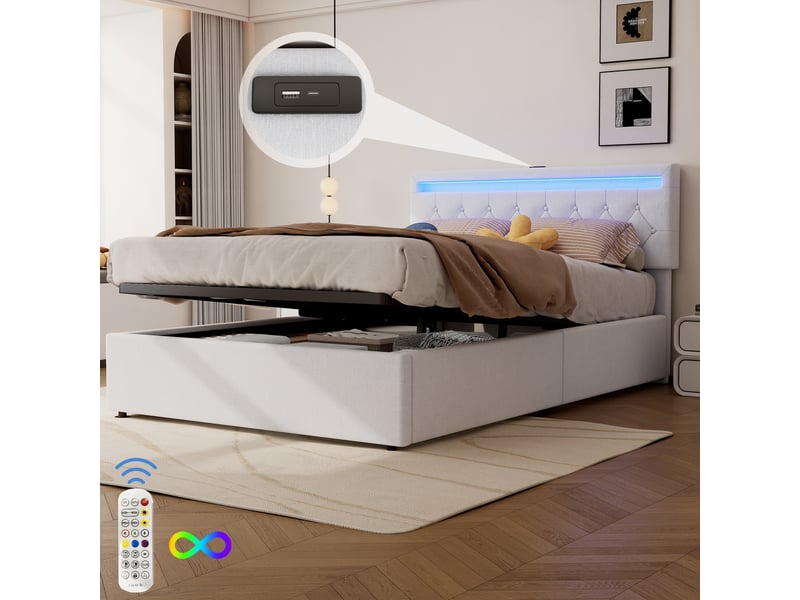  Lit coffre 140x200cm, lit double avec led, tête de lit réglable et sommier, rangement, charge, lin blanc, sans matelas  - Conforama E