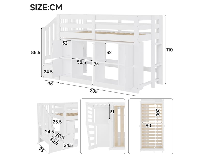  Lit mezzanine 90x200 cm blanc en bois, escalier rangement, bibliothèques, placards et led  - Conforama C
